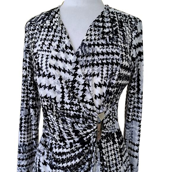 CALVIN KLEIN Long Sleeve Faux Wrap Dress Size Black Gray Houndstoooth - Picture 6 of 12